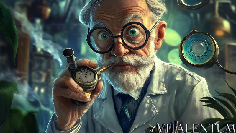 Eccentric laboratory scientist peers through oversized round glasses
