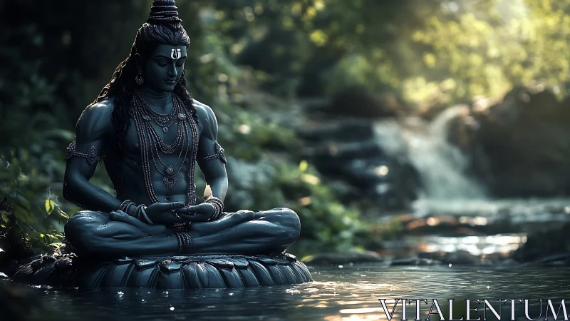Meditating Shiva statue is positioned beside a forest waterfall