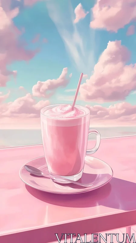 Strawberry latte rests under dreamy pink and turquoise sky