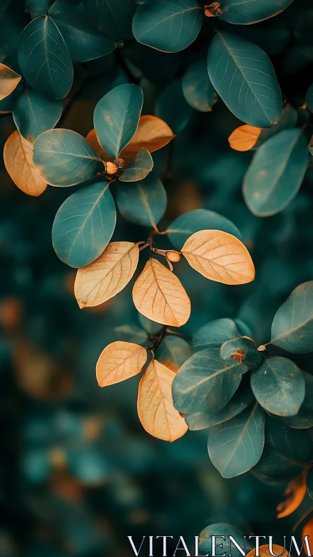 Golden leaves resting gently against deep teal greens.