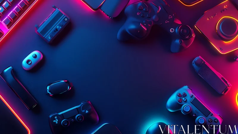 Neon-lit gaming controllers frame a dark negative space field