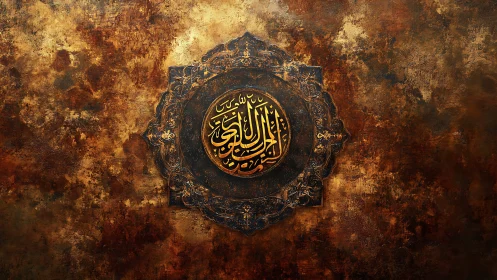 Golden calligraphy medallion drifting on bronzed twilight wall.