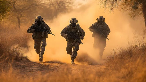 Dustborn patrol charging through wildfire sunlight haze.