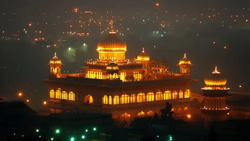 Golden temple glows like a lantern city in midnight haze.