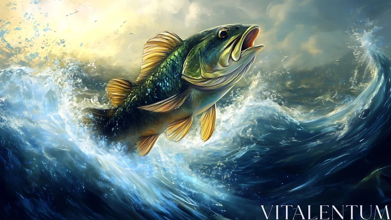 Dynamic leaping fish amid storm surf, digital painting realism.