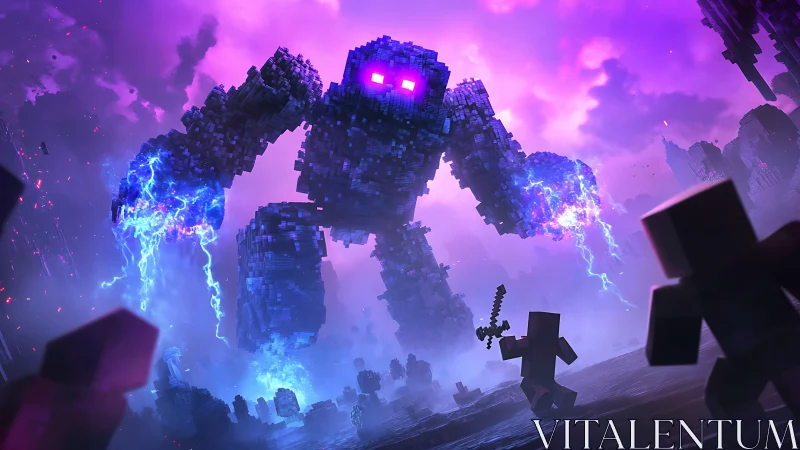 Towering pixel golem crackling with lightning in neon skies.