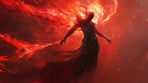 Humanoid silhouette stands within dense red energy field