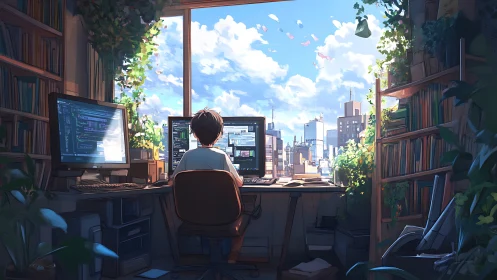 Skyline coder in a leafy home studio overlooking bright clouds.