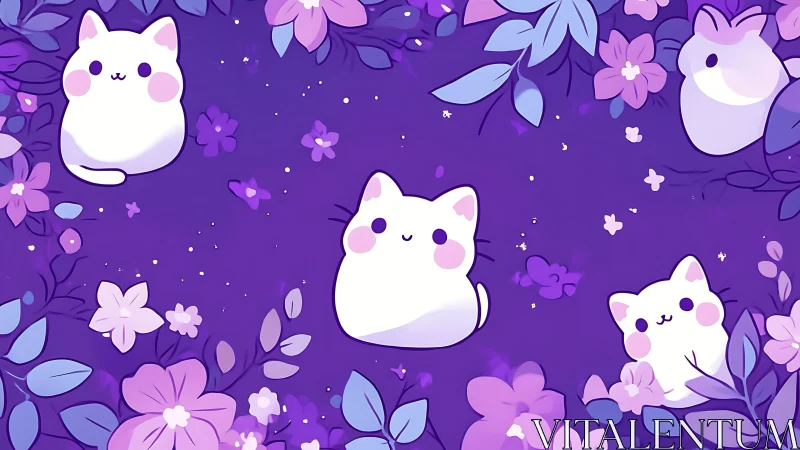 Whimsical Floral Cats in Lavender Dreams.