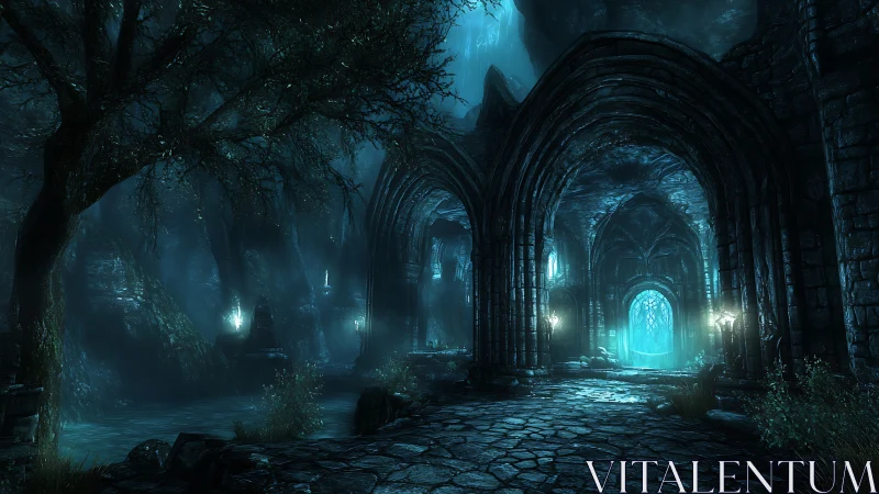 Moonlit ruins and glowing forest gate to a hidden realm.