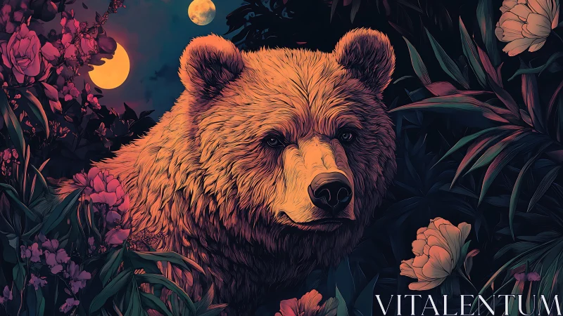 Chromatic bear portrait under dual moons in dense flora.