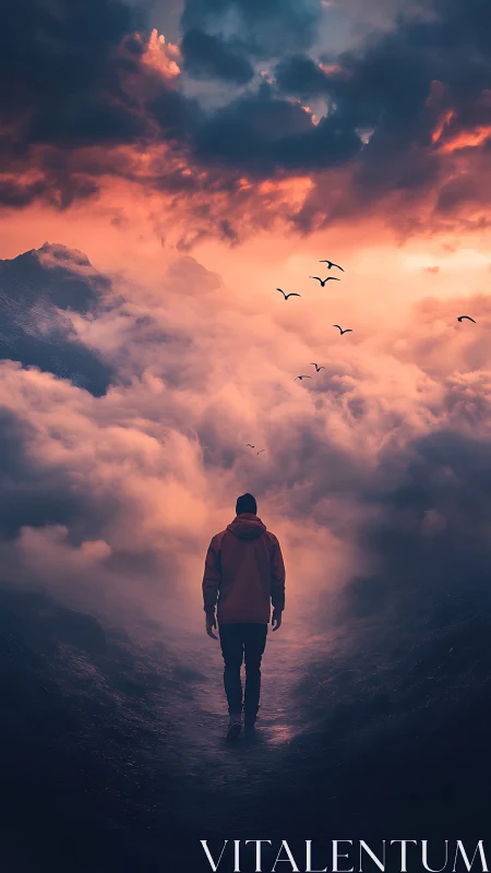 Solitary figure walking through clouded mountain path at dusk.