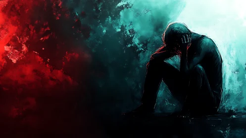 Silhouette figure sits hunched amid red and blue fields