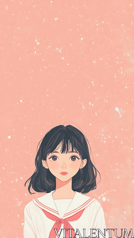 Illustrated girl in sailor uniform on peach speckled background.