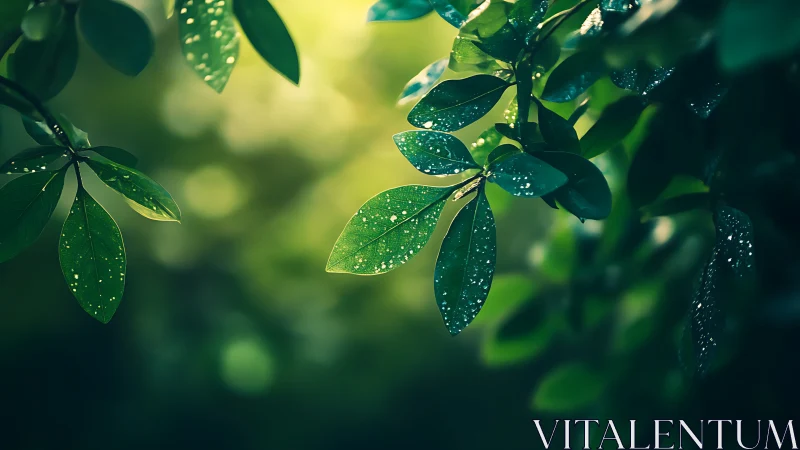 Dewlit leaves whisper in emerald shade and morning glow.