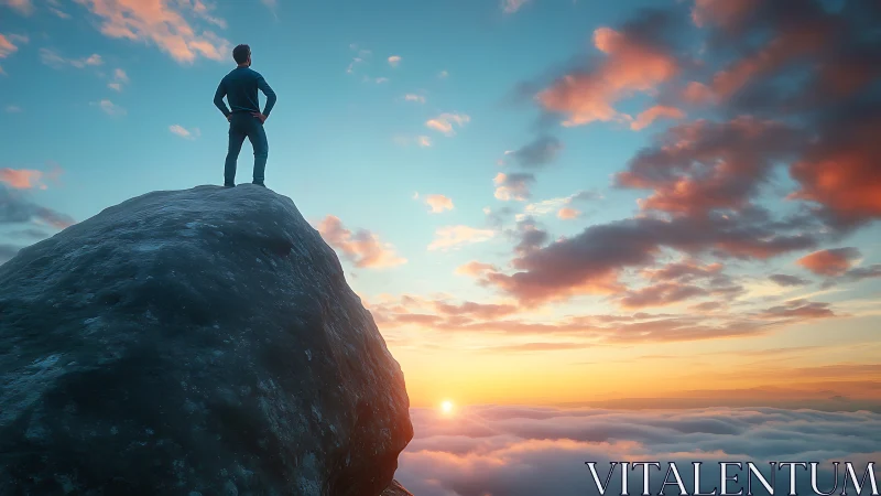 Figure stands on rock outcrop above cloud layer at sunrise