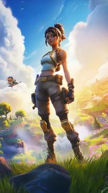 Cel-shaded battle operative surveying stylized valley landscape.