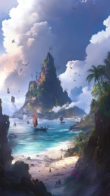 Tropical Lagoon Paradise: Towering Rock Formation with Sky-Bound Vessels
