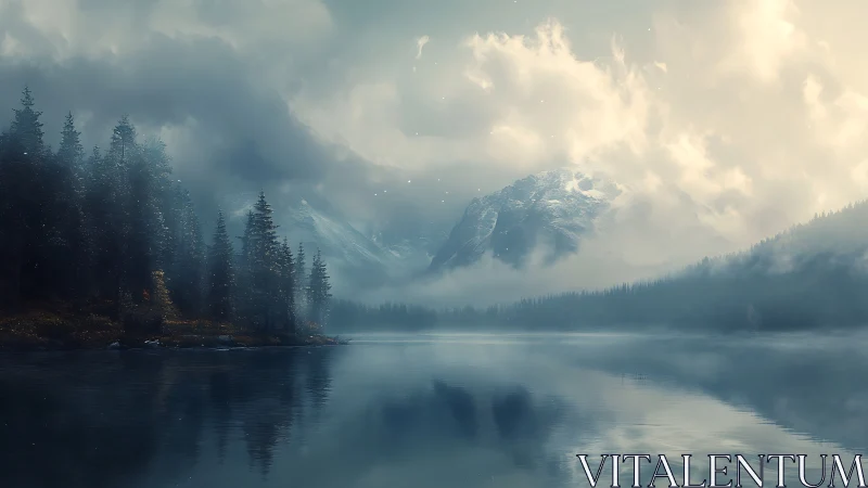 Mist-draped mountains trade whispers with a glassy blue lake