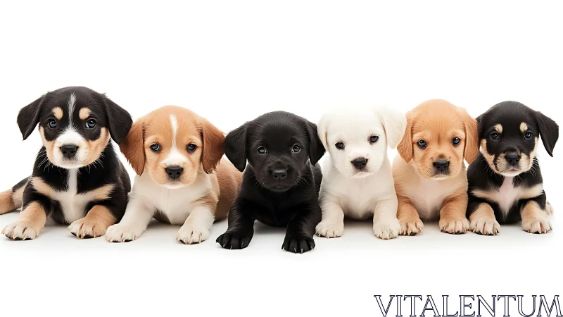 Row of colorful puppies sits against a bright white backdrop