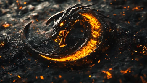Molten dragon emblem coiled on dark volcanic ground.