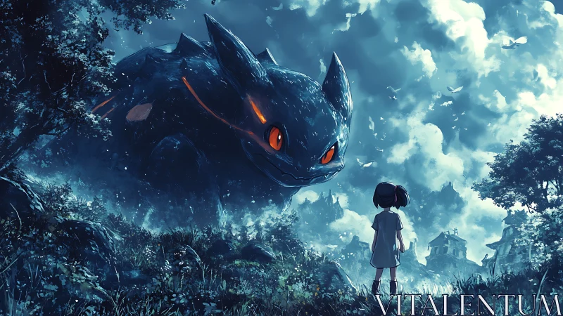 Giant shadow creature confronts lone girl in ruined forest.