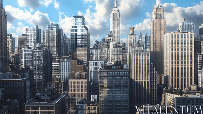 Skyscraper skyline rises under soft clouds and blue sky.