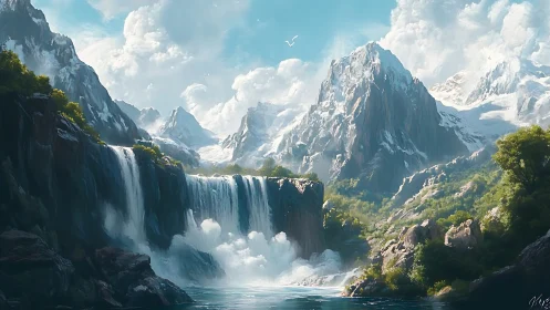 Majestic alpine waterfall cascades below towering peaks.