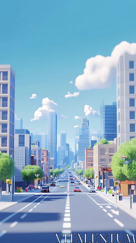 Bright stylized city street with tall buildings and traffic.