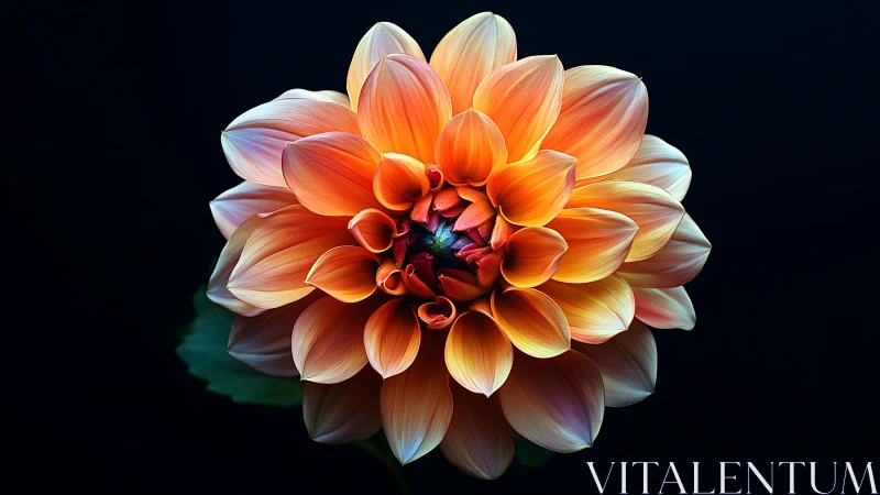 Orange Dahlia with Gradient Petals Against Black Background.