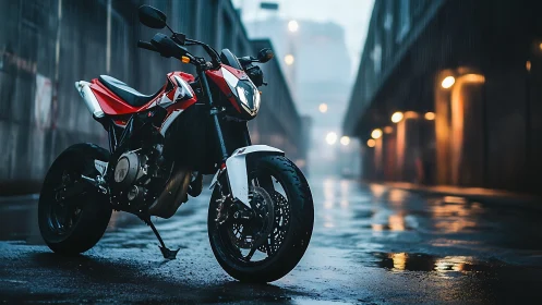 Red street motorcycle on wet urban alleyway at dusk.