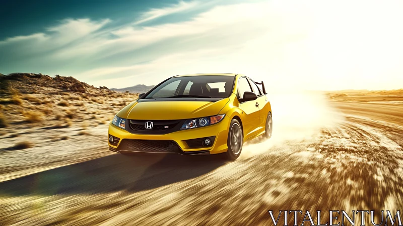Yellow sport hatchback racing through sunlit desert road.