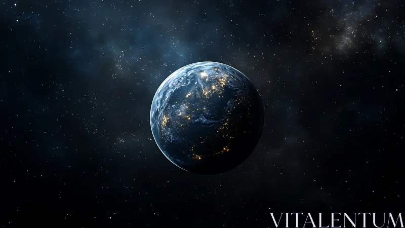 Luminous Earth drifts through velvet star-strewn darkness.