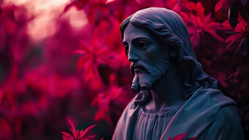Serene stone Christ statue amid vivid crimson foliage.