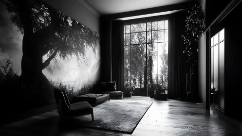 Monochrome living space shows large mural and window wall