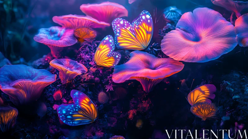 Glowing butterflies drifting through a neon mushroom dream.
