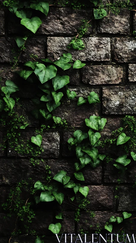 Photorealistic ivy and moss layering over weathered brick wall.