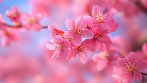 Pink blossoms photographed against soft blue sky background