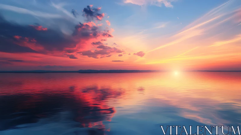 Sunset sky ignites calm ocean horizon with vivid reflections.