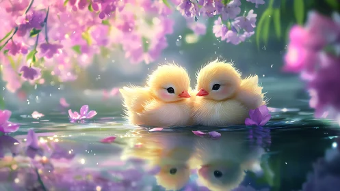 Two ducklings float on reflective water under pink blossoms