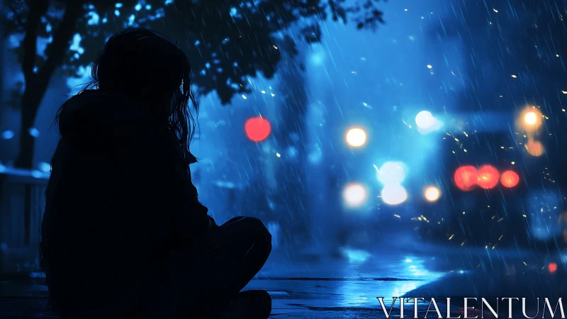 Silhouetted child watches rainy city lights blur into blue