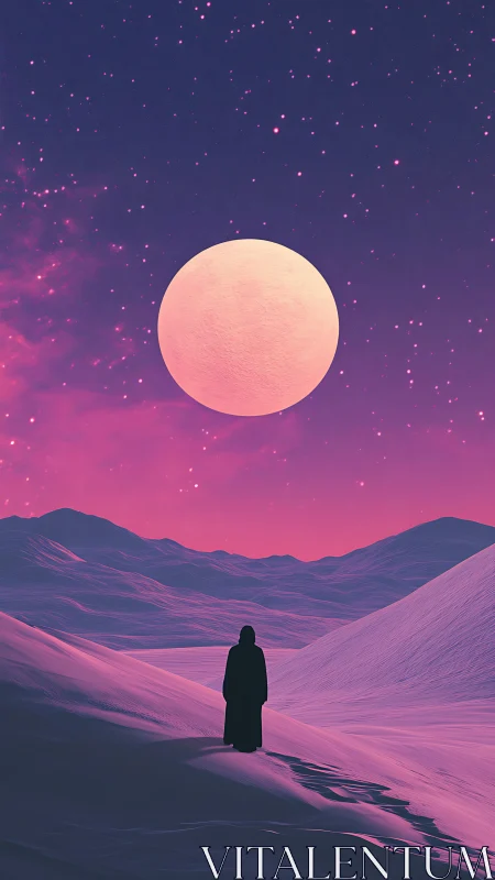 Lone wanderer under a colossal rose moon in violet dunes.