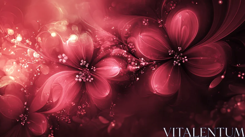 Glowing crimson blossoms drifting in a dreamy, gentle light.