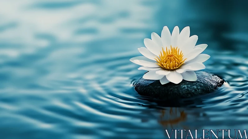 White water lily rests on smooth stone amid ripples