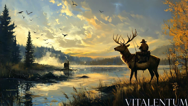 Golden dawn welcomes rider and elk beside a quiet misty river