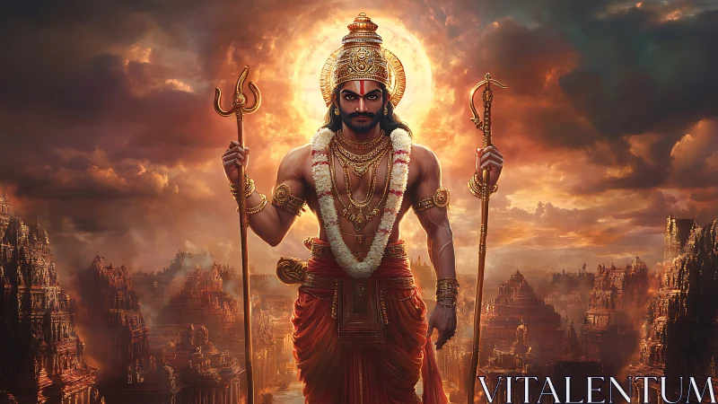 Divine warrior figure before temple city under storm sky.