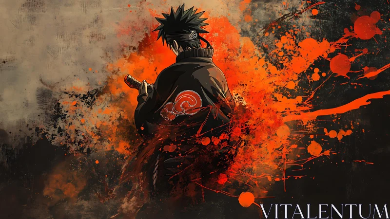 Solitary ninja grips sword amid erupting orange splashes