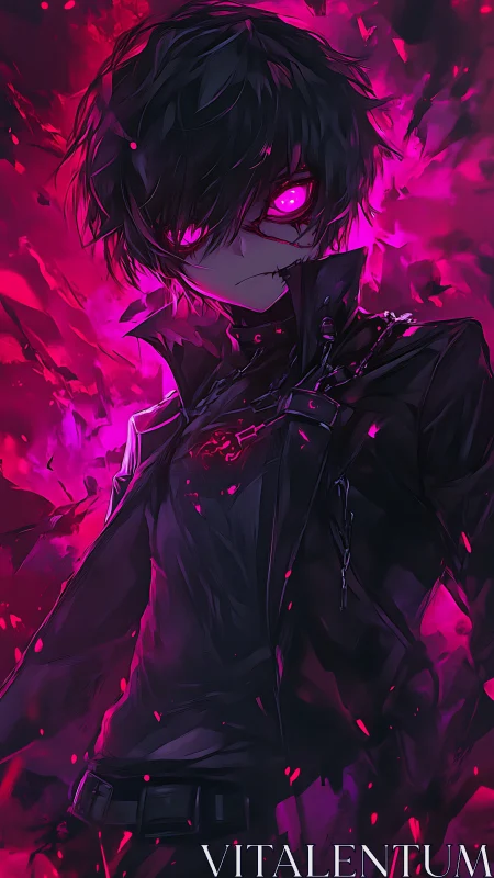 Dark anime antihero radiates neon magenta infernal power.