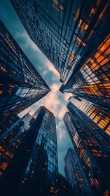 City towers glow warmly as night settles over the streets