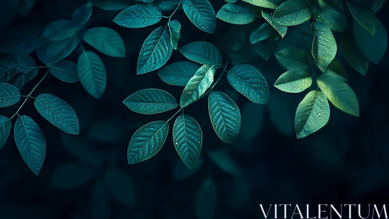 Moody teal foliage with dewdrops under soft side light.